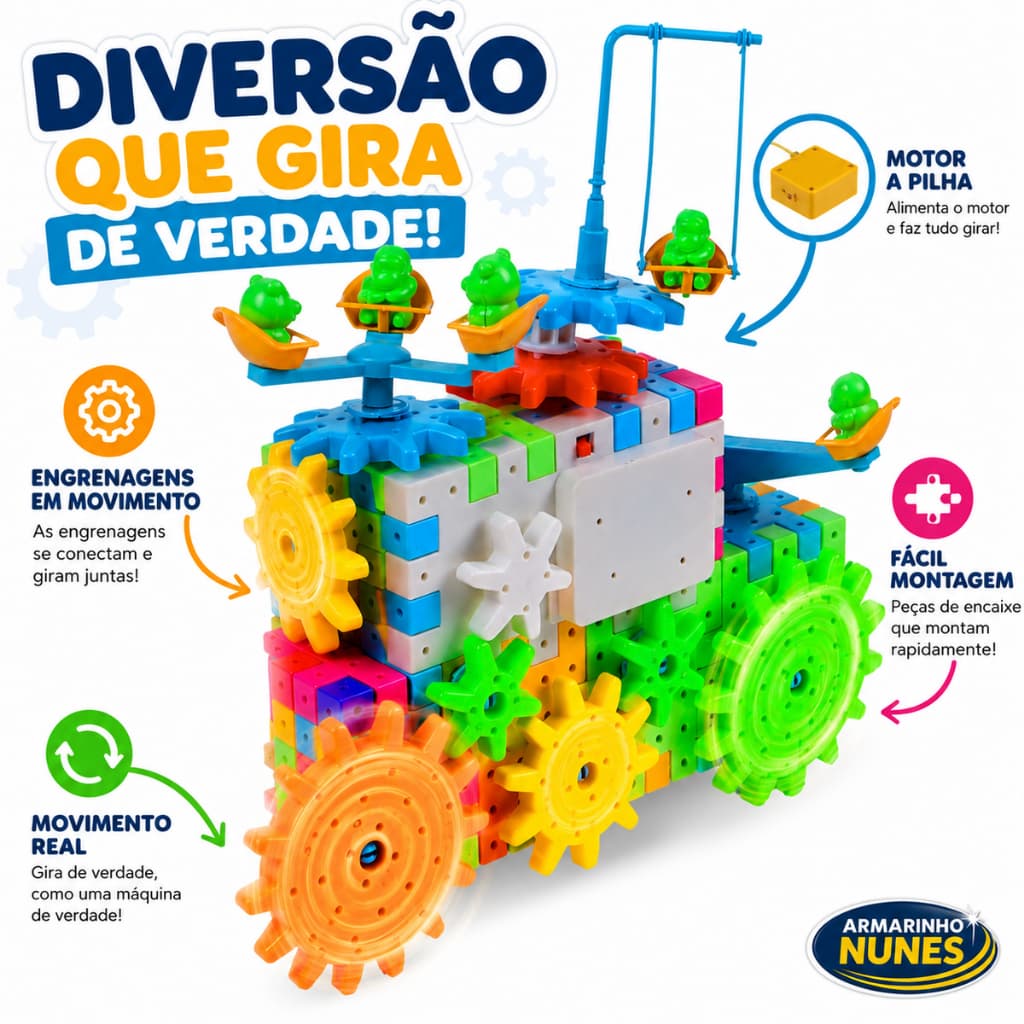 Blocos Engrenagens Educativo 81 Peças Motor Incluso Brinquedo Montar Estimula a Coordenação Motora e Raciocínio Lógico