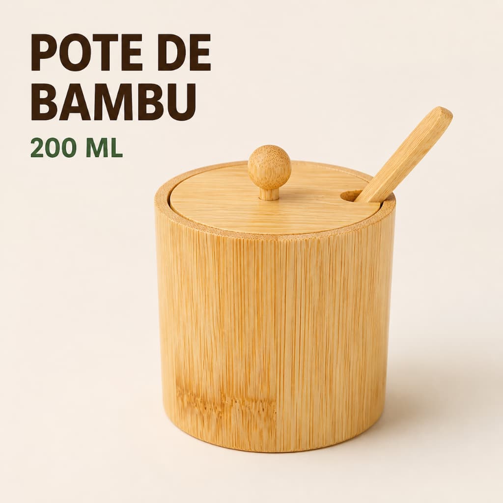 Porta Condimentos Saleiro Açucareiro de Cozinha Bambu 200Ml Com Tampa e Colher