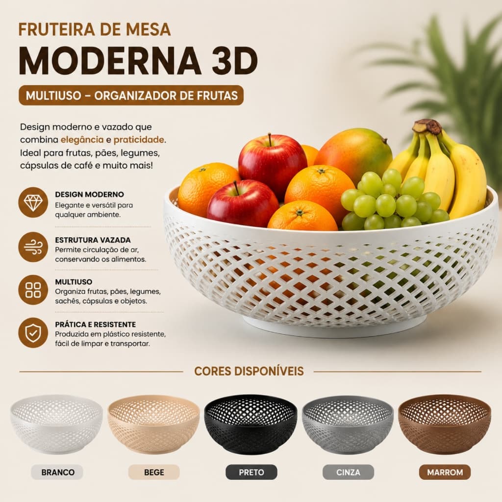 Fruteira de Mesa Moderna Multiuso 3d Cozinha Organizador Frutas