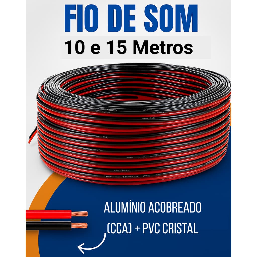 Cabo de Som Paralelo Bicolor 2x1mm Rolo Fio de Audio P/ Caixa de Som Alto Falante Automotivo Residencial