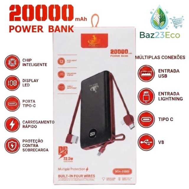 Power Bank 20000mAh 22.5W PD Carregador Portátil Turbo Display LED USB Tipo C Lightning V8 Carga Rápida Universal