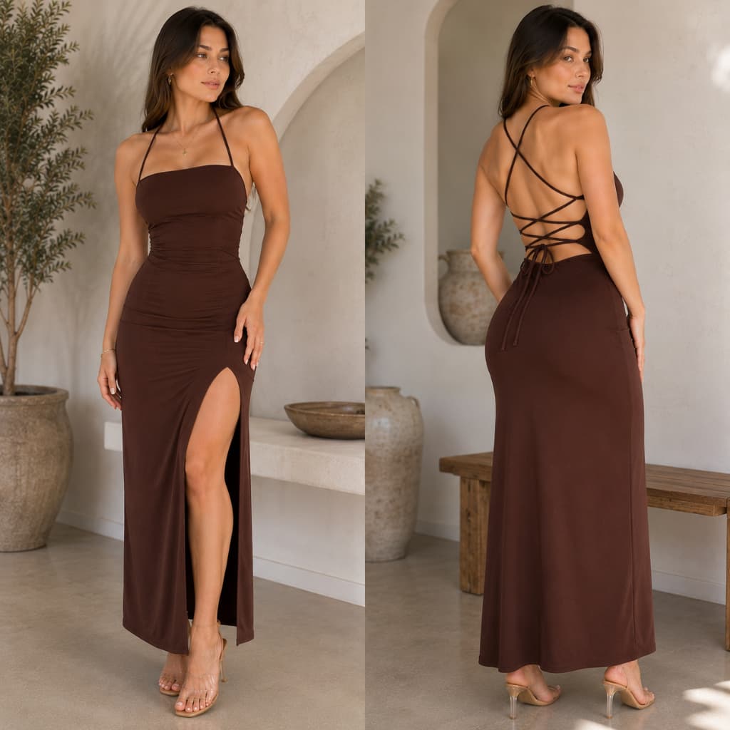 VESTIDO FEMENINO LONGO COM ALÇAS TRANÇADAS  NAS COSTAS DE TECIDO SUPLEX PREMIUM CASUAL E CONFORTAVEL