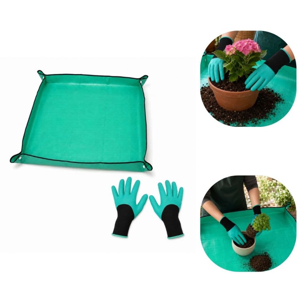 Kit Jardinagem Tapete Impermeável 100x100cm Dobrável e Luva Jardinagem Para Troca de Vaso e Plantio