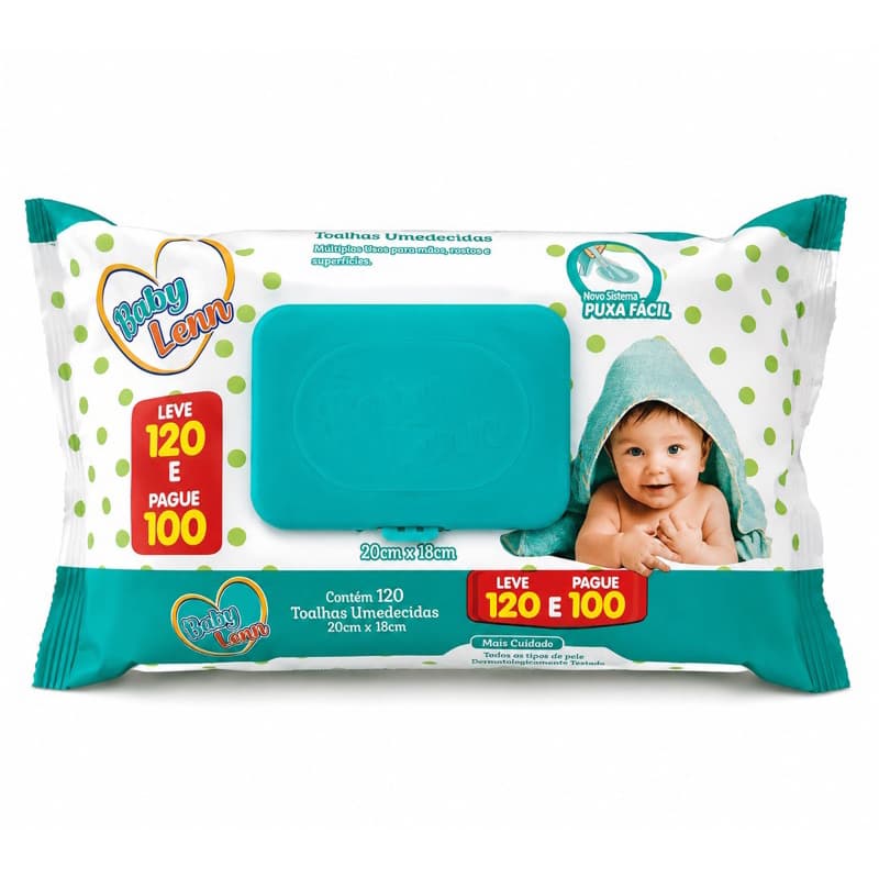 Kit 12 Pacotes Lenços Umedecidos Baby Lenn 120 Folhas Cada Aloe Vera Sem Álcool - total 1.440 lenços