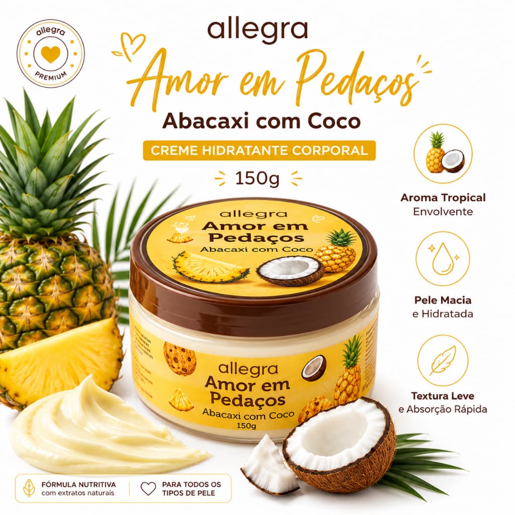 Loção Corporal Hidratante Allegra 150g - Creme Abacaxi Coco Amor em Pedaços Pós-Banho Peles Macias e Cheirosas