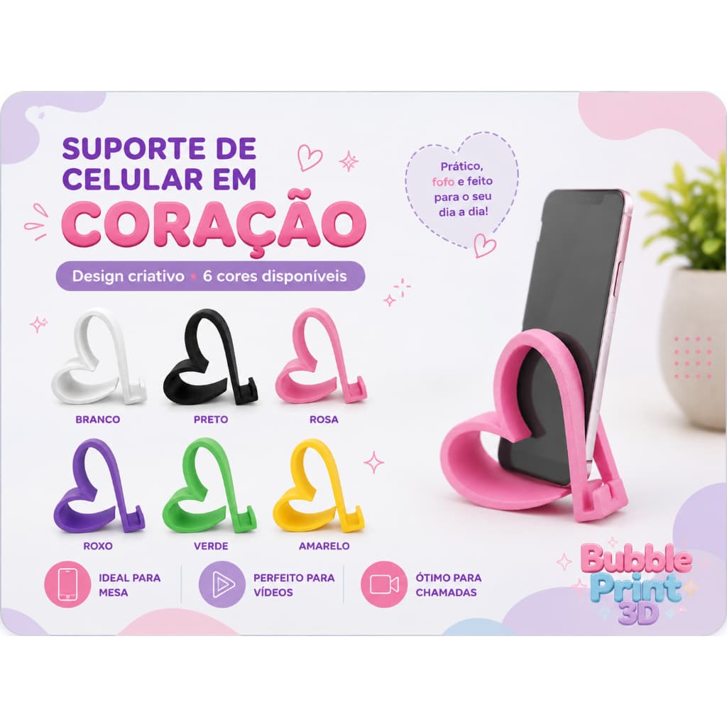 Suporte Celular Mesa Formato Coração - Base Decorativa Presente Sala Escritório Iphone Smartphone