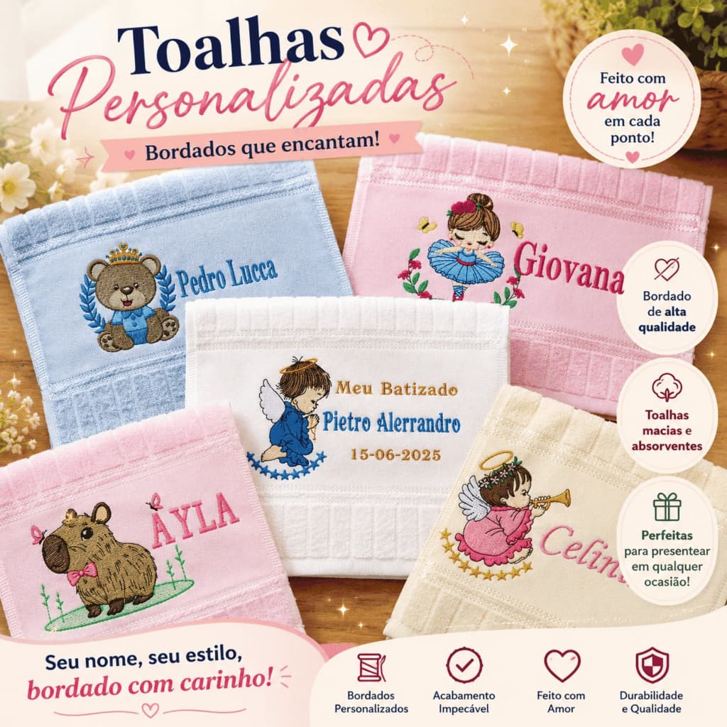 Kit Toalhas Infantil Personalizada - Toalha de Mão/Lavado Döhler Personalizada com Bordado: Desenho + Nome
