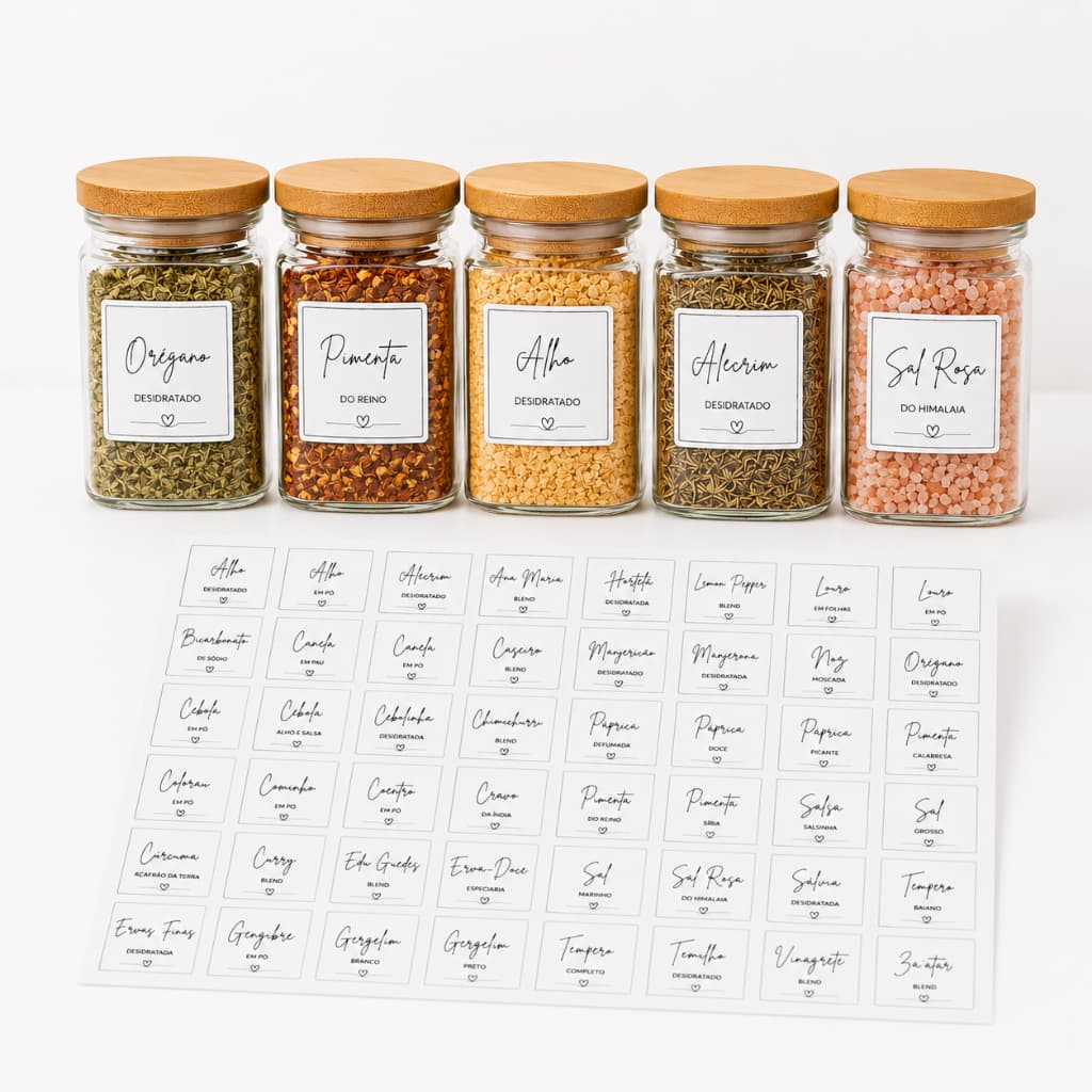 Kit 48 Etiquetas para Temperos e Condimentos em Vinil Branco 4x4 cm | Organizadores para Potes