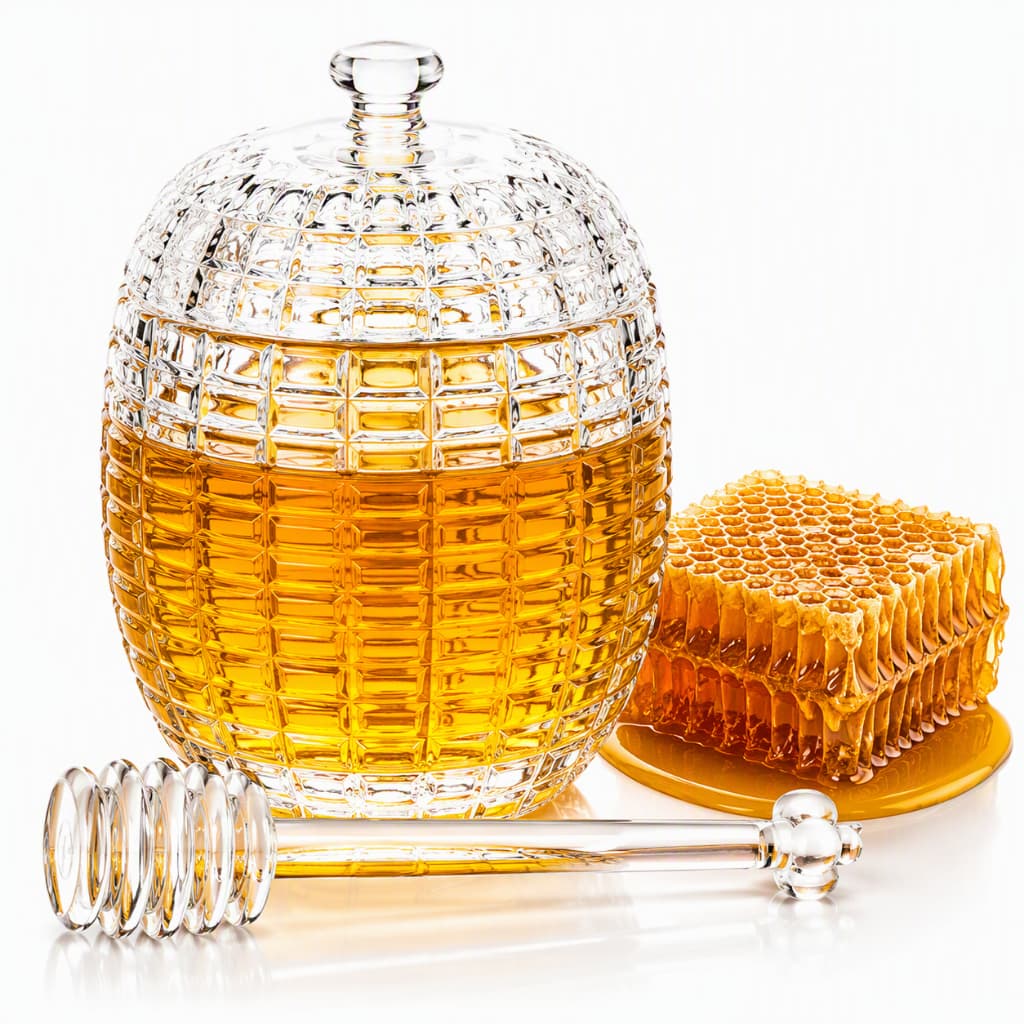 LYOR - Meleira De Cristal Com Tampa E Pegador, Porta Mel Luxo 210ml, Mesa Posta