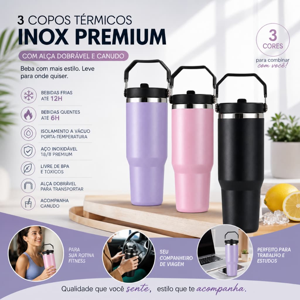 Garrafa térmica de aço inoxidável de 900 mililitros, com alça preta, ideal para preparar chás
