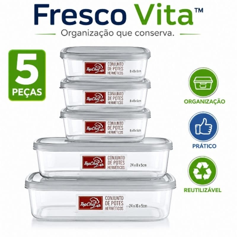 Kit 5 Potes Herméticos Plástico com Tampa Transparente Organizador para Geladeira e Conservação de Alimentos