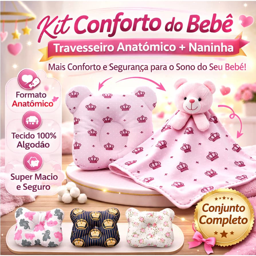 Kit Bebê Travesseiro Anatômico Anti Refluxo + Naninha 100% Algodão Conforto RN