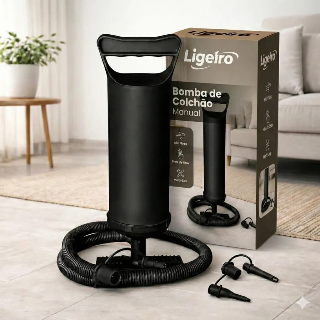 Bomba De Ar Manual Preta Com 3 Bicos Adaptadores Para Encher Piscina, Colchão E Boias Infláveis Ligeiro