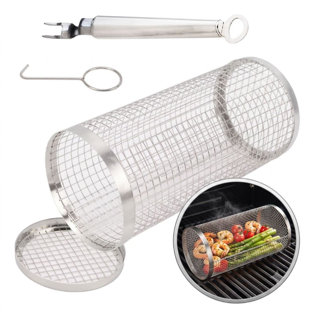 Cesta De Churrasco Cilindro Grelha Aço Inox Vegetal Legumes Carnes Assados Não Cai Grill Giratório