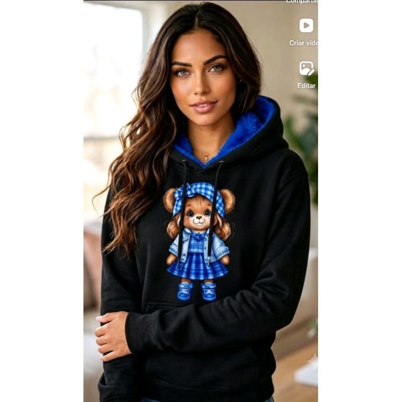 Moletom Canguru Feminino Forrado Capuz Ursinha xadrez Estilo Blogueira Algodão Premium