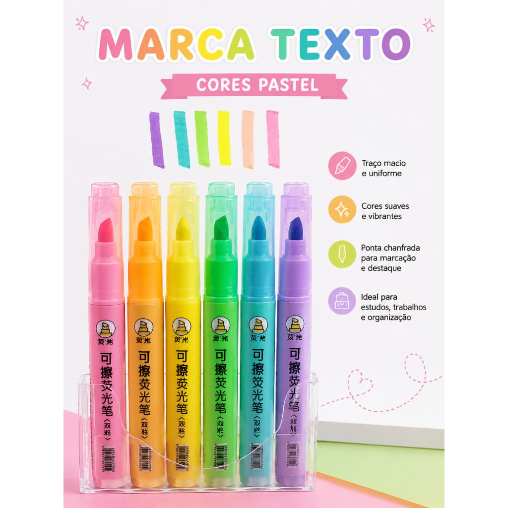 Kit com 6 marca textos com cores neon e apagável, Marca texto estilo canetinha