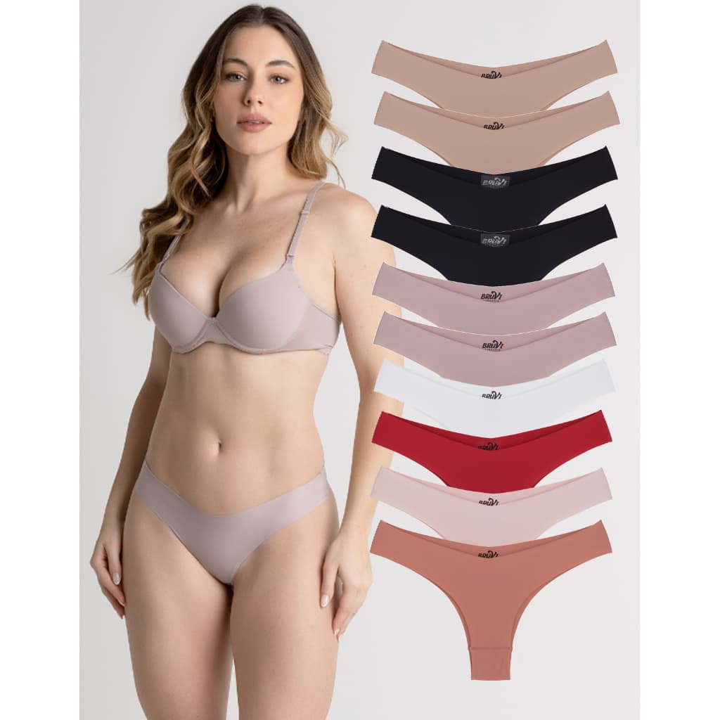Kit 10 Calcinhas Tanga Sem Costura Premium Confort Poliamida Bege , Preta e Sortidas