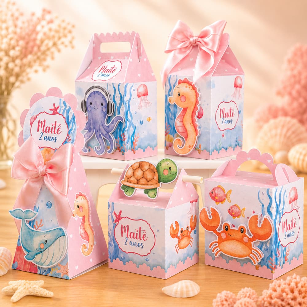 Kit Festa Fundo do Mar Rosa Menina Personalizado Pegue e Monte Lembrancinhas Festa Infantil