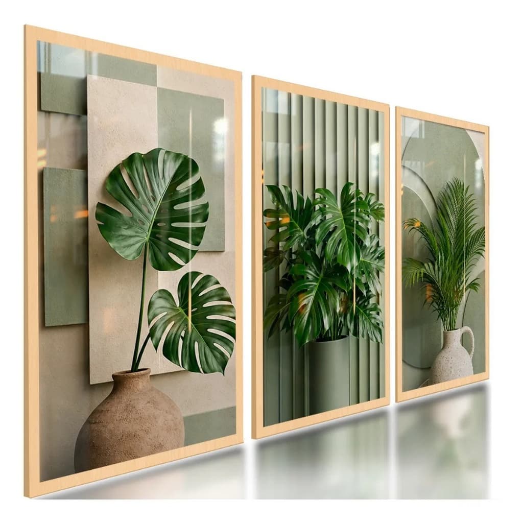 Quadros Decorativos Sala Kit 3 Peças Folhas Verde Boho quarto escritório
