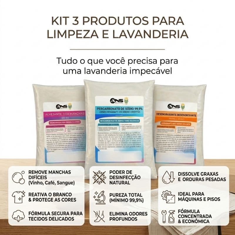 KIT 3kg  EM 1 LIMPEZA PROFISSIONAL – Percarbonato 99,9% + Tira Manchas + Desengraxante Ultra Forte
