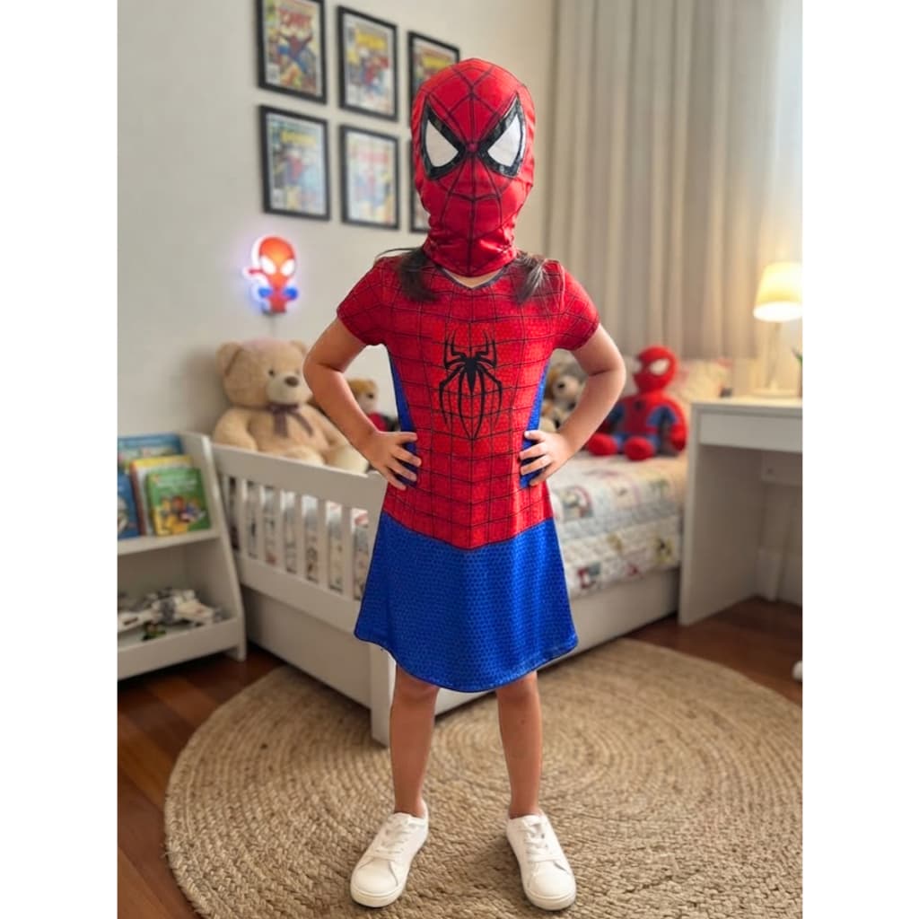 Fantasia Infantil da Mulher Aranha Com Macara de Pano Roupa Vestido Girl Menina Feminina
