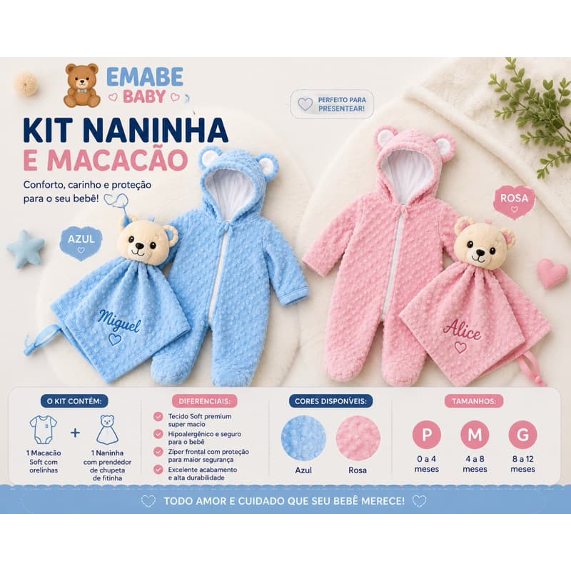 kit Naninha personalizada + macacão ursinho
