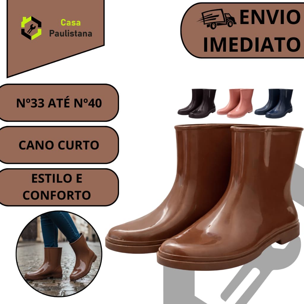 Bota Feminina Cano Curto Salto Baixo Galocha Impermeável Pvc