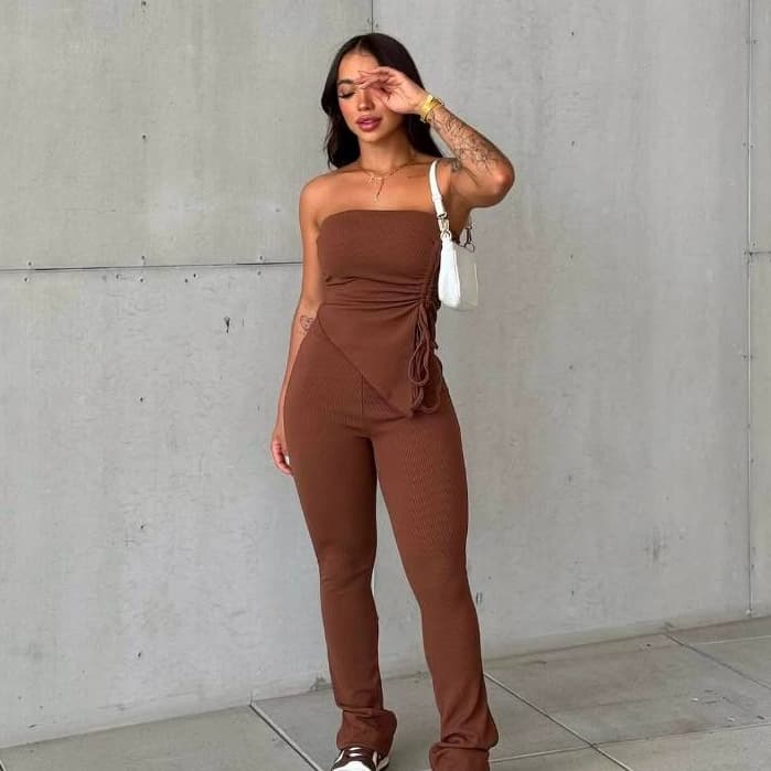 Kit Cropped e Calça Canelado Tomara que Caia Franzido Calça Flare Conjunto Inverno Quente Elegante