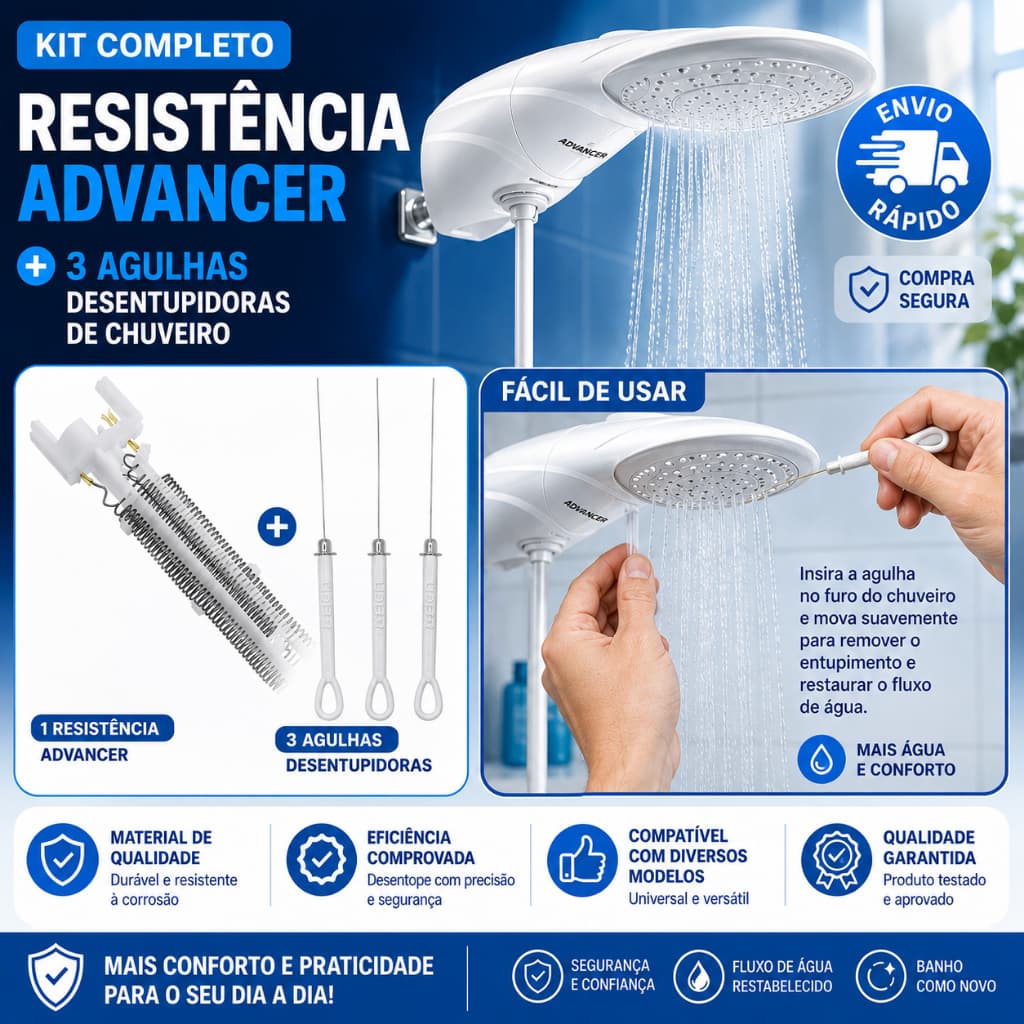 KIT RESISTÊNCIA ADVANCED ELETRÔNICA PARA CHUVEIRO LORENZETTI 220V/ 7500W COM AGULHA DESENTUPIDORA TOP JET ADVANCED