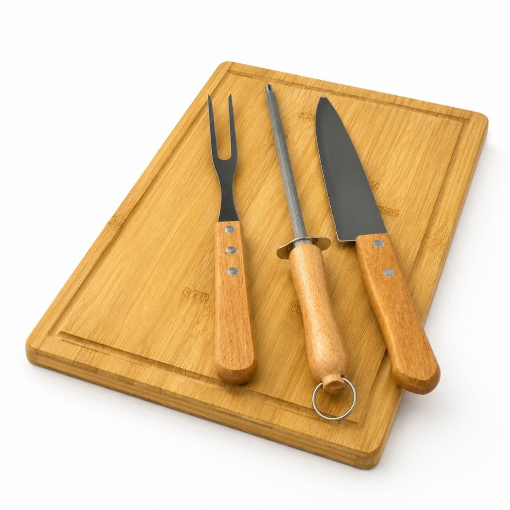 Kit para Churrasco Garra + Faca + Garfo + Chaira + Tábua com sulco e Alça de aço 100% Bambu