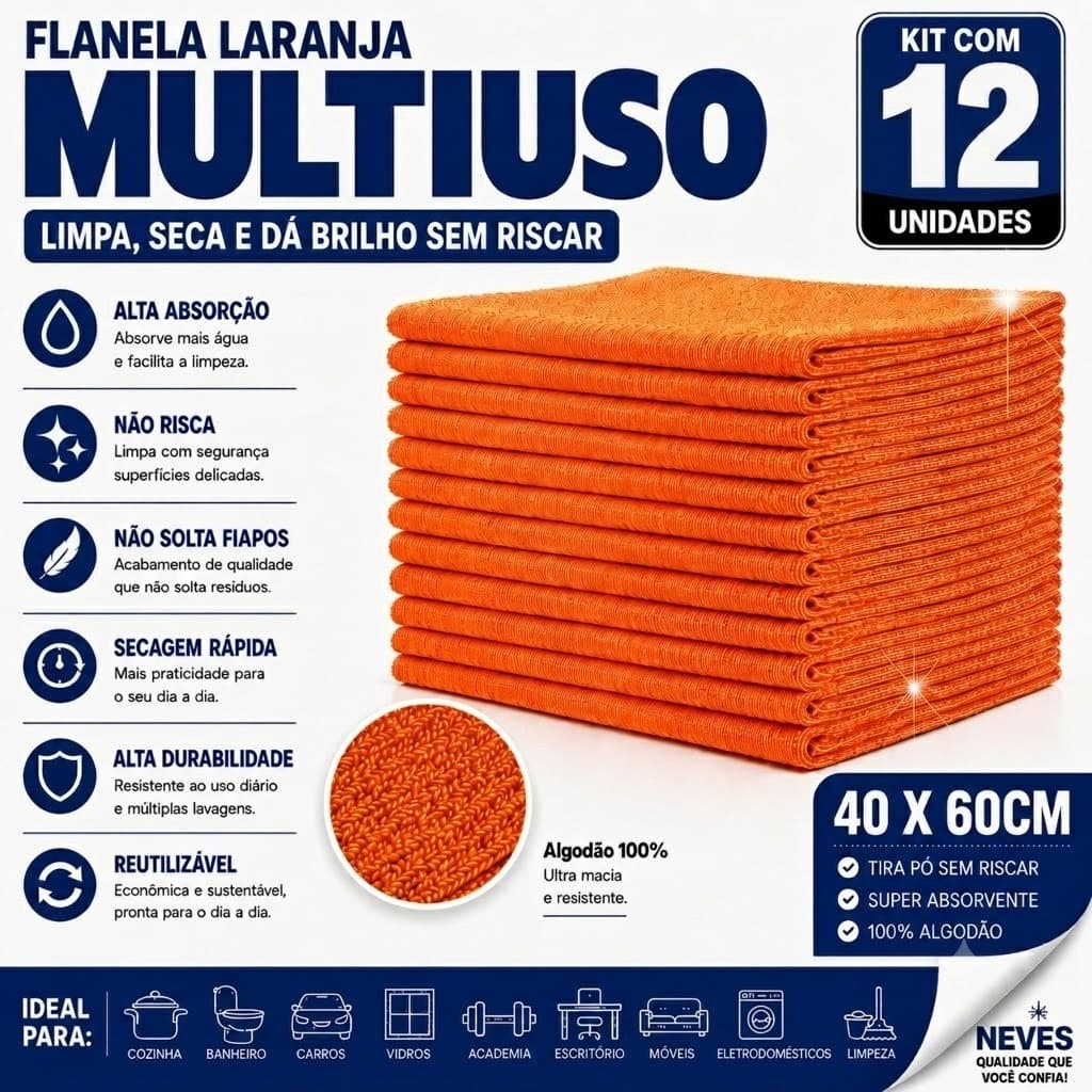 Flanela Laranja 40x60cm 100% Algodão Neves Para Limpeza Geral - 12 Unidades - Multiuso