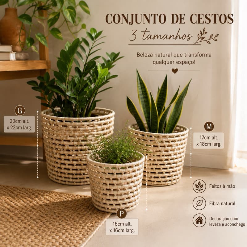 Trio ou Cestos de Carnaúba Decoração Elegante Coisas Diferentes Para Casa Artesanato