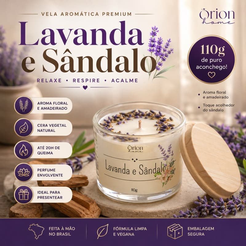 Vela perfumada 110g Premium - Cera de coco - Lavanda e Sândalo