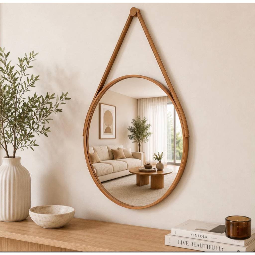 Espelho Redondo Decorativo Adnet 40 Centímetros Alça Em Couro Suporte Para Sala Quarto Banheiro