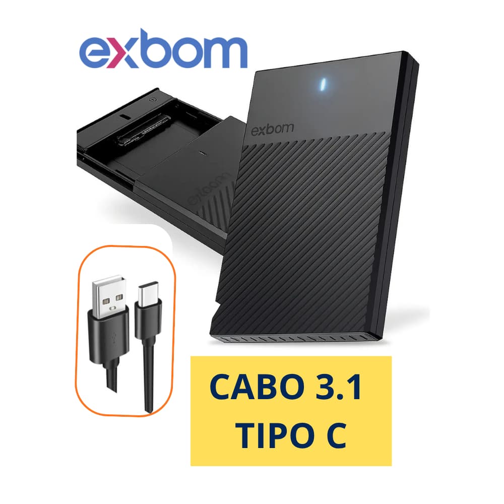 Case HD Externo SSD 2,5" USB Tipo-C 3.1 Sata III Capinha Transparente/Preto/Gaveta/Adaptador