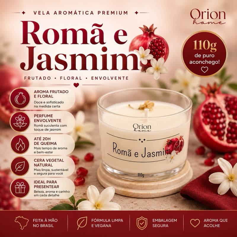 Vela perfumada 110g Premium - Cera de coco - Romã e Jasmim