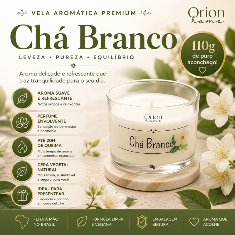 Vela perfumada 110g Premium - Cera de coco -Chá Branco