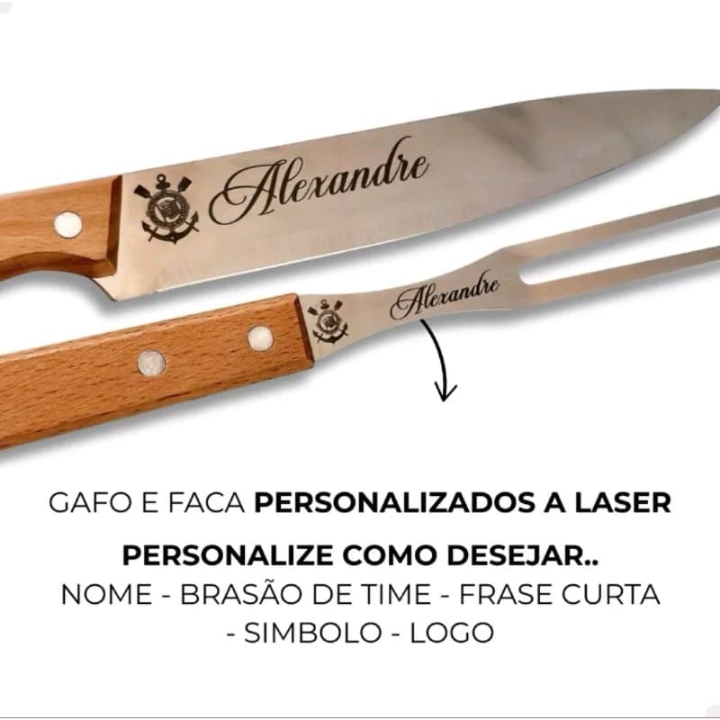 Kit Churrasco Personalizado com Faca + Garfo + Estojo Gravado Laser Nome Logo Time Presente Dia dos Pais