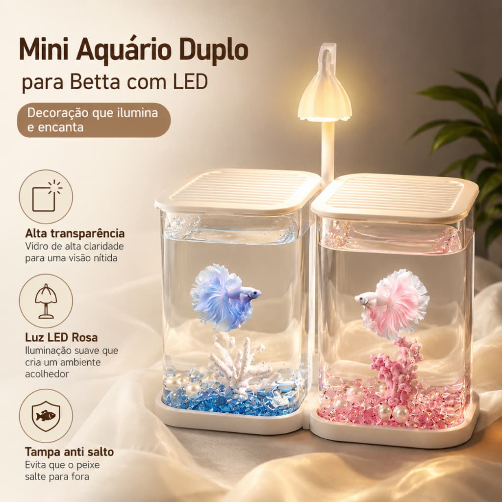 Mini Aquário para Peixe Betta Individual ou Duplo Integrado com LED Tampa e Acessórios Decorativos