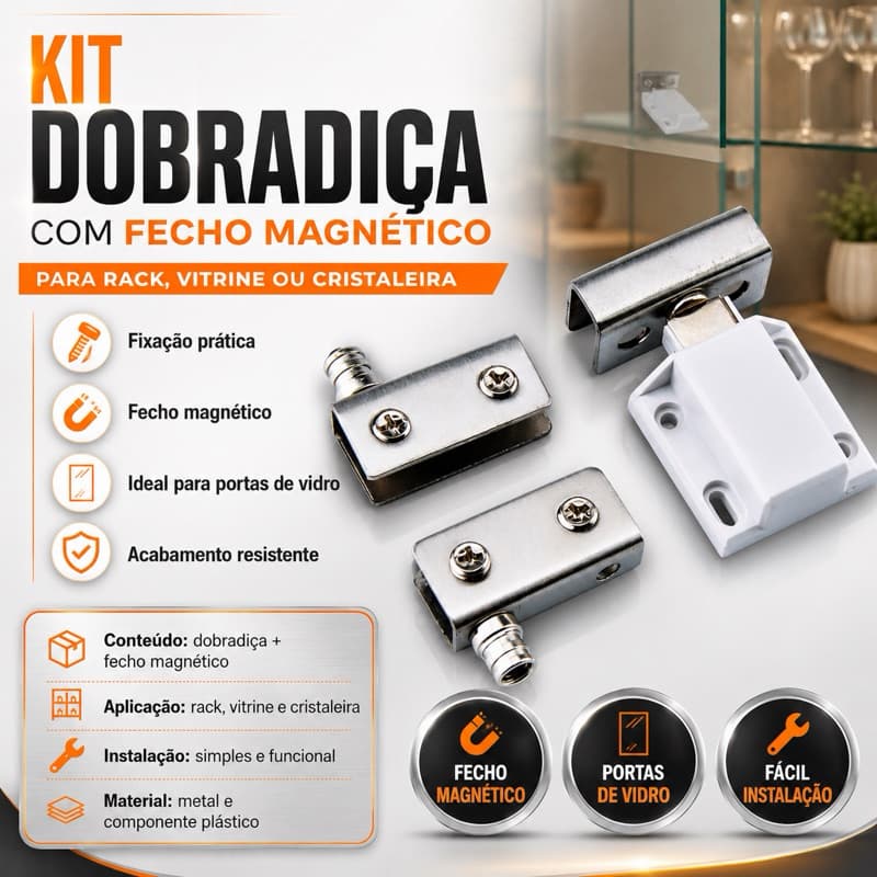 Kit Dobradiça com Fecho Magnético Para Rack Vitrini Cristaleira