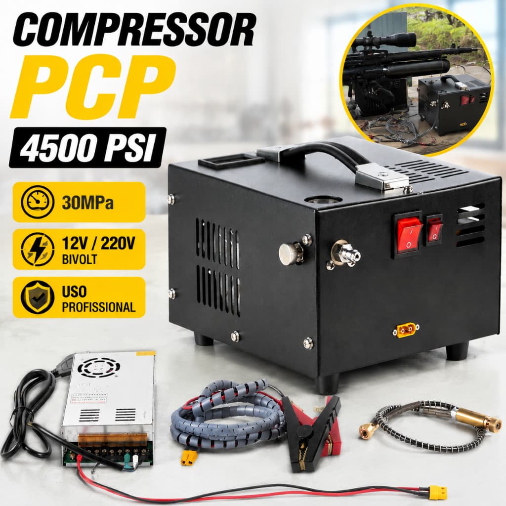 Compressor PCP 30MPa (4500psi) 12V/220V | Alta Pressão Portátil com Transformador - Uso Profissional