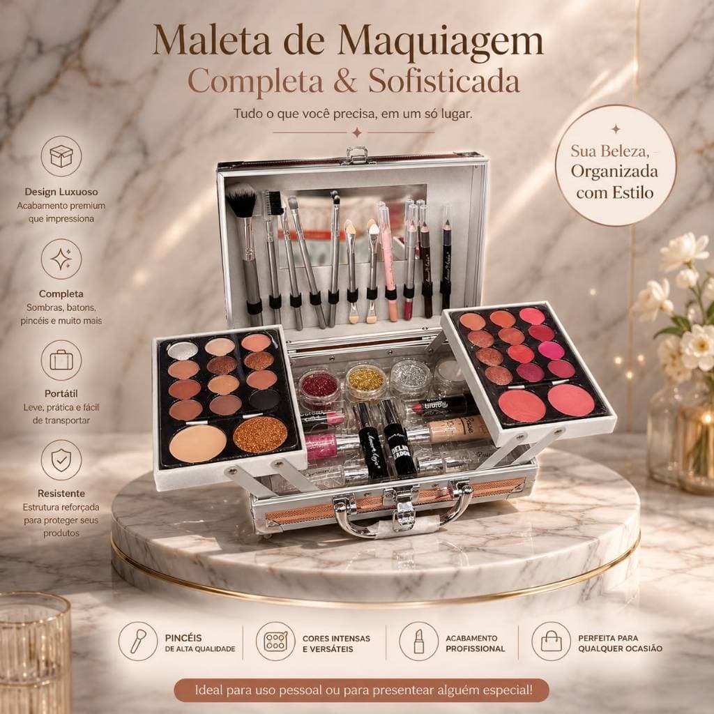 Maleta de Maquiagem Completa Profissional Kit de Maquiagem com Espelho Sombras Batons Pincéis Delineador Base Portátil
