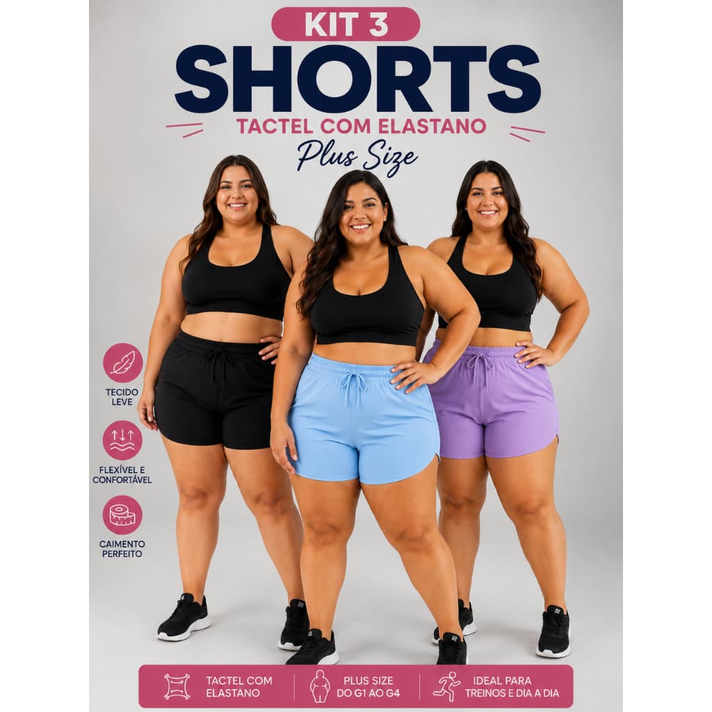 Kit 3 Shorts Tactel Plus Size Feminino com Elastano – Cintura Alta | Praia, Academia e Dia a Dia