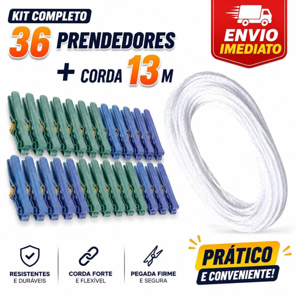 Kit Varal Completo com 36 Prendedores e Corda para Varal de 13 metros