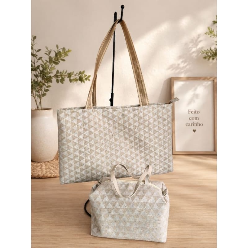 Kit Bolsa Feminina Média + Necessaire | Bolsa de Ombro 43x26x8 cm | Tecido Ecológico Tipo Lona