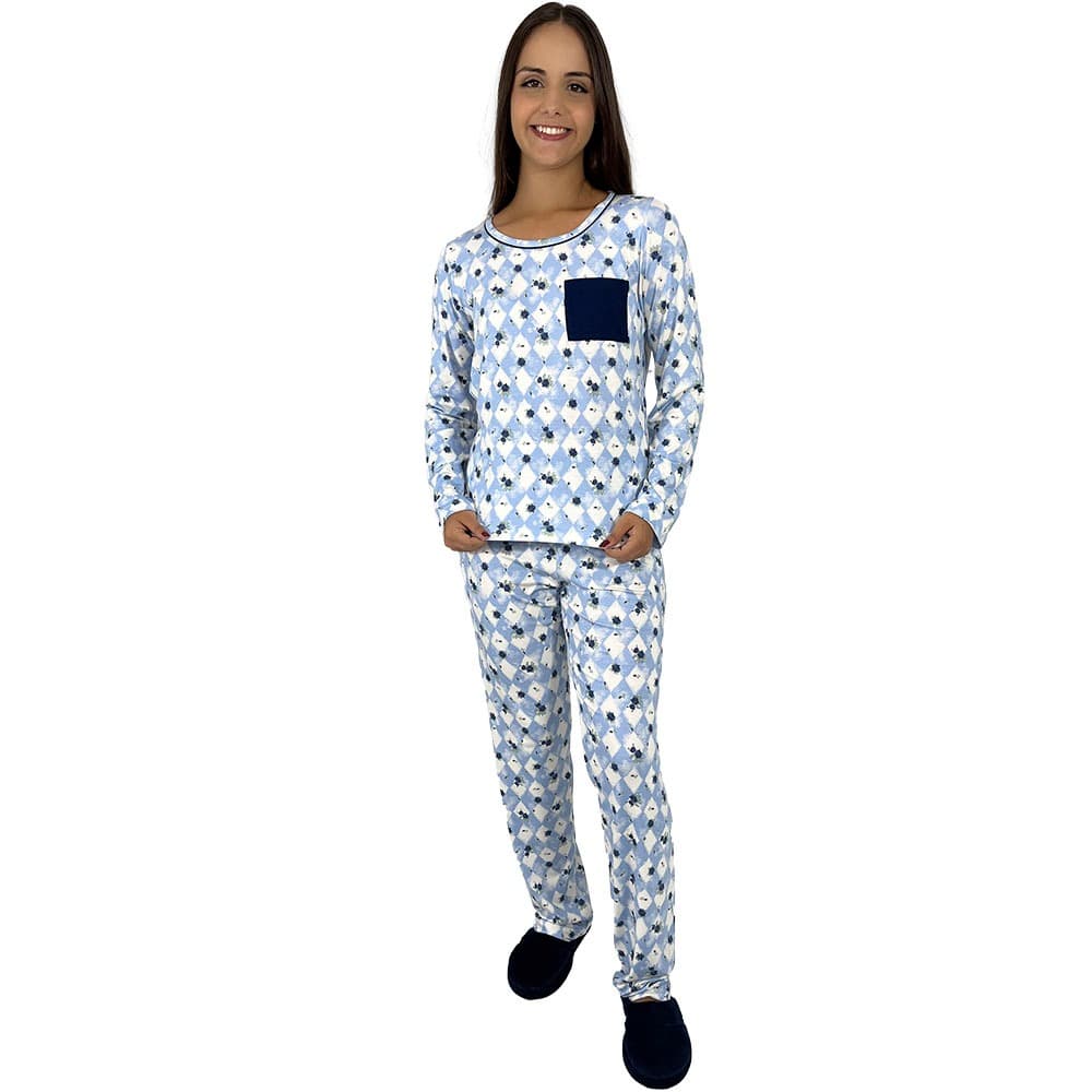 Pijama Feminino Longo Manga Longa com Calça Estampado Bolso Conjunto de Inverno Confortável