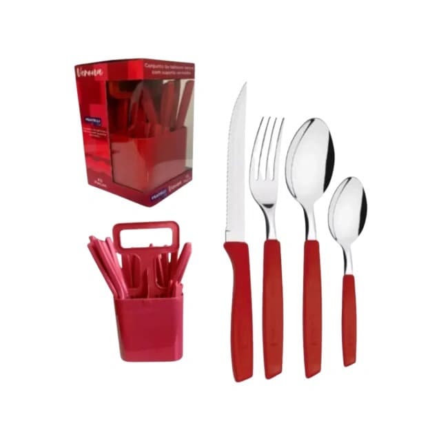 Jogo 25 Talheres Verona Faqueiro Inox C/ Suporte Para Talher Cor Vermelho
