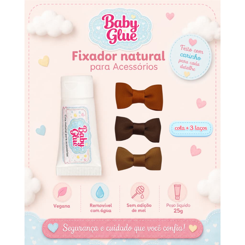 Kit Baby Glue Cola para Laço de Bebê + 3 Laços em Tons de Marrom para RN Menina e Bebê Sem Cabelo