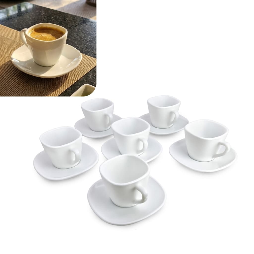 Jogo 6 Xícaras Café Espresso 85ml Com Pires Louça Branca Premium Mesa Posta Conjunto Cantinho do Café Presente Mãe