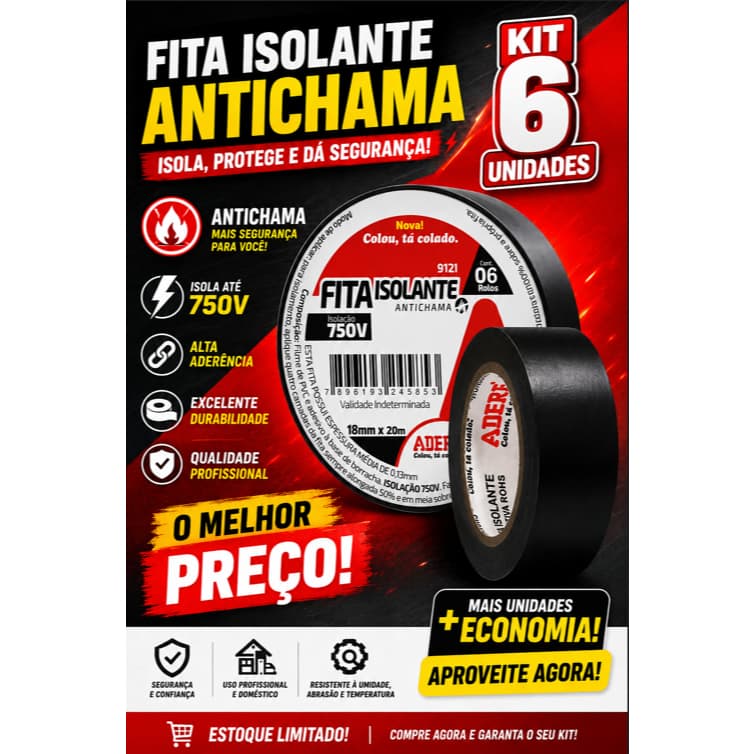 Kit 6 Fita Isolante Anti Chama Adere 18mm x 20m